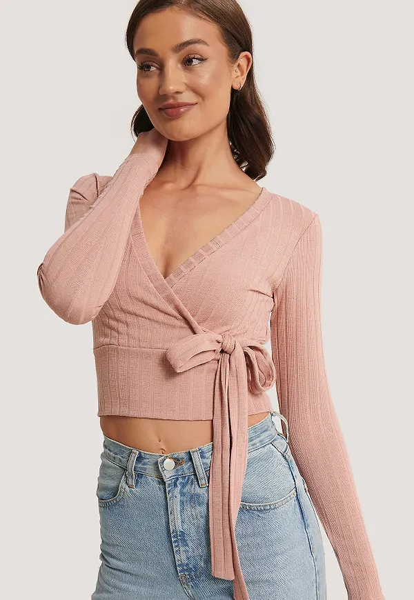 NA-KD Ribbad omlottopp - Pink