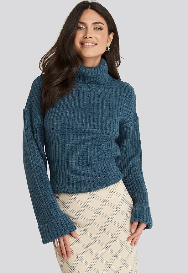 NA-KD Ribbed Knitted Turtleneck Sweater - Blue