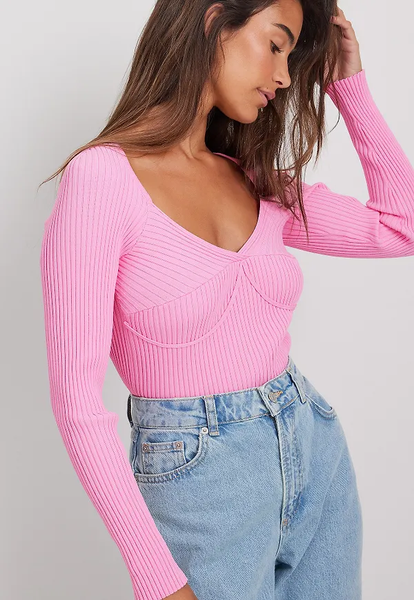 NA-KD Ribbstickad långärmad topp - Pink