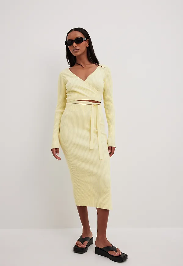 NA-KD Ribbstickad midikjol - Yellow