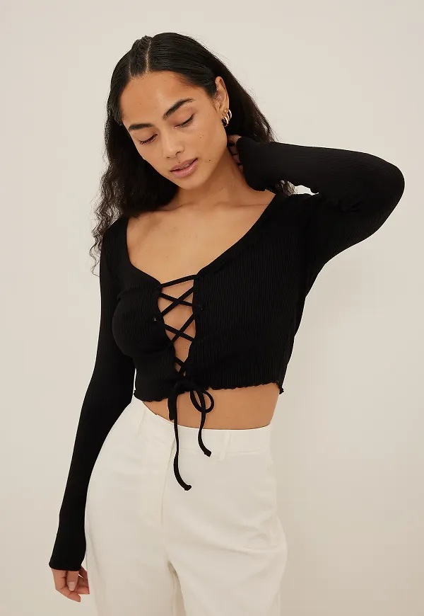 NA-KD Ribbstickad topp - Black
