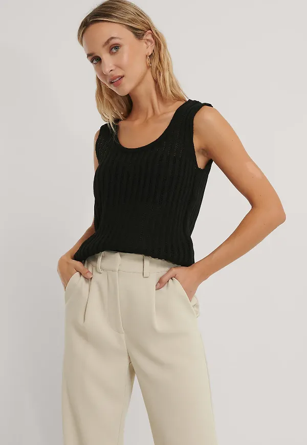 NA-KD Ribbstickat Linne - Black