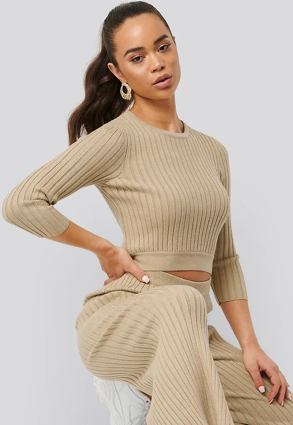 NA-KD Round Neck Ribbed Knitted Sweater - Beige