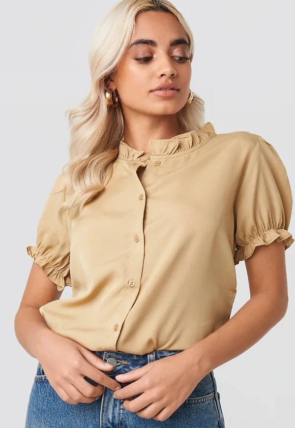 NA-KD Ruffle Detail Button Blouse - Beige