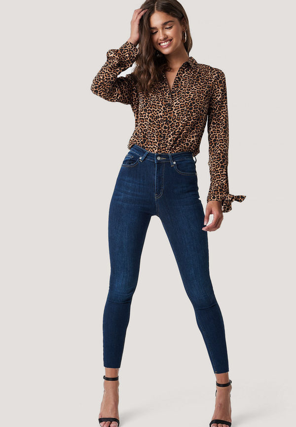 NA-KD Skinny High Waist Raw Hem Jeans - Blue