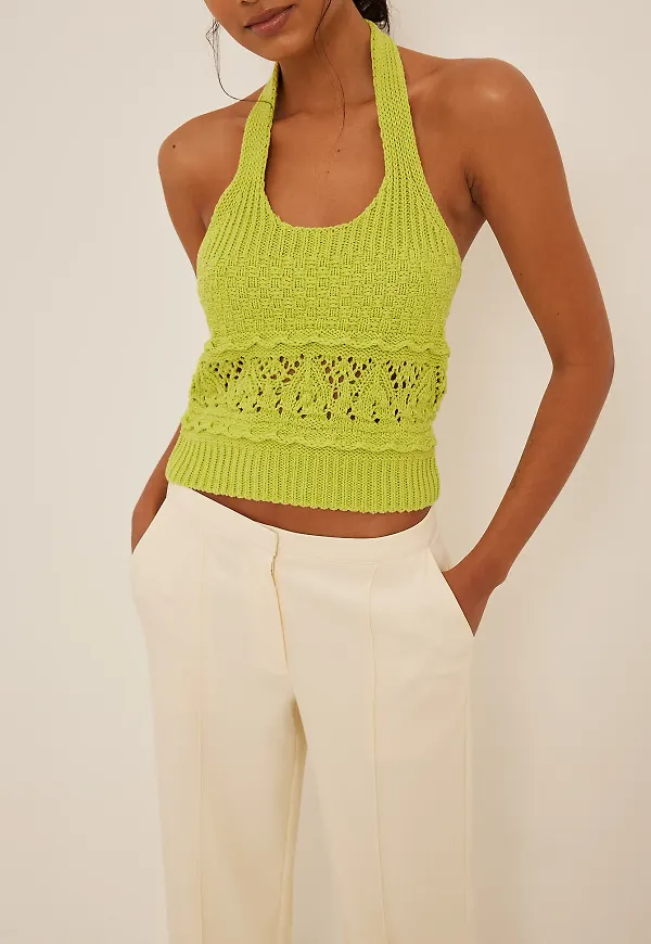 NA-KD Stickad halternecktopp - Green