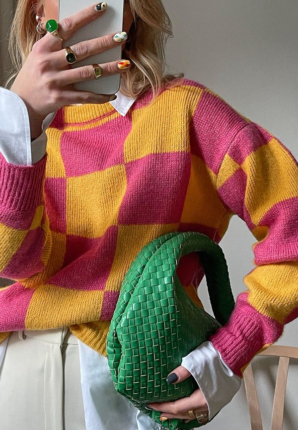 NA-KD Stickad rutig tröja med fuskkrage - Multicolor