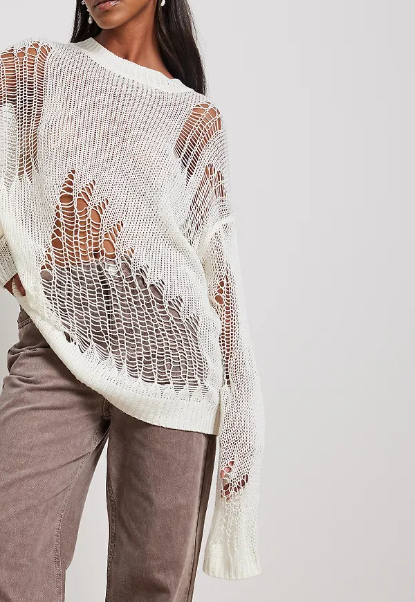 NA-KD Stickad sliten tröja - Offwhite