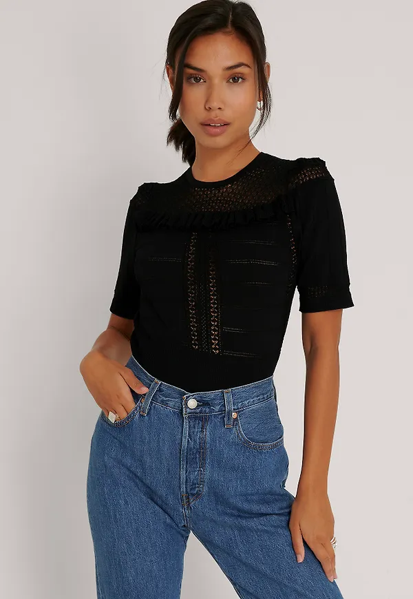 NA-KD Stickad Top Med Volangdetalj - Black