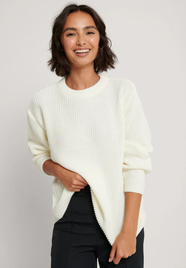 NA-KD Stickad Tröja Med Rund Hals - Offwhite