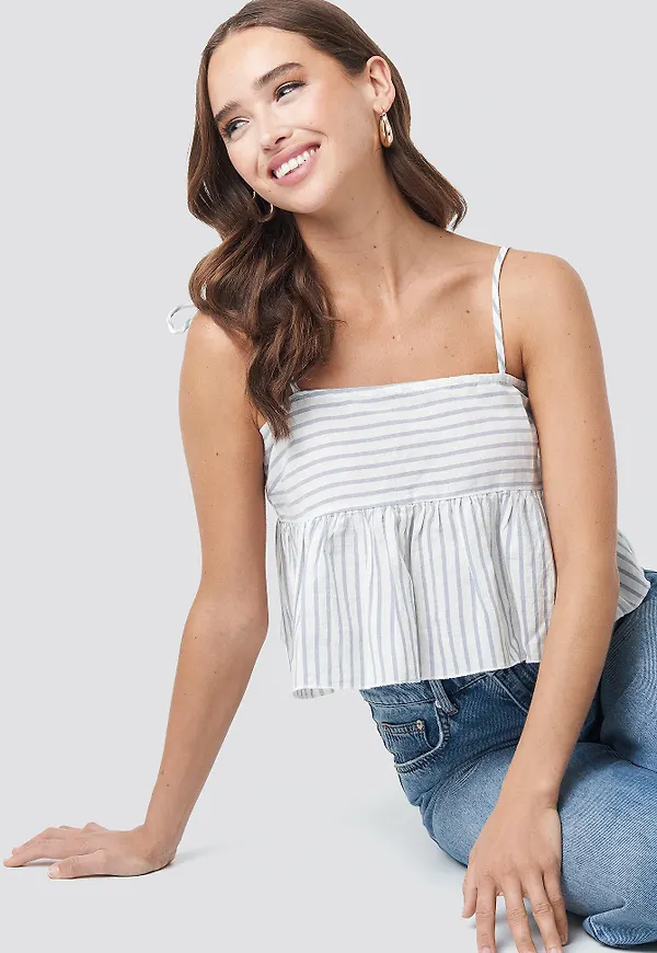 NA-KD Stripe Linen Blend Ruffle Cami Top - White