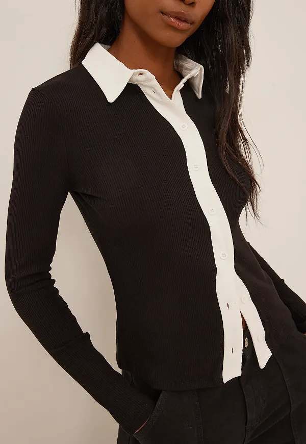 NA-KD Swirl Placket Rib Cardigan - Black