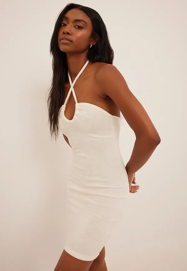 NA-KD Terry Cloth Halter Neck Mini Dress - Offwhite