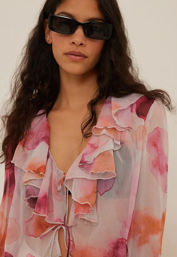 NA-KD Tie Front Frill Chiffon Blouse - Multicolor