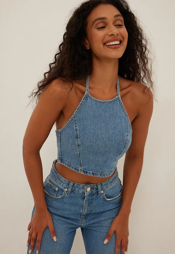NA-KD Trend Denimtopp med halterneck - Blue