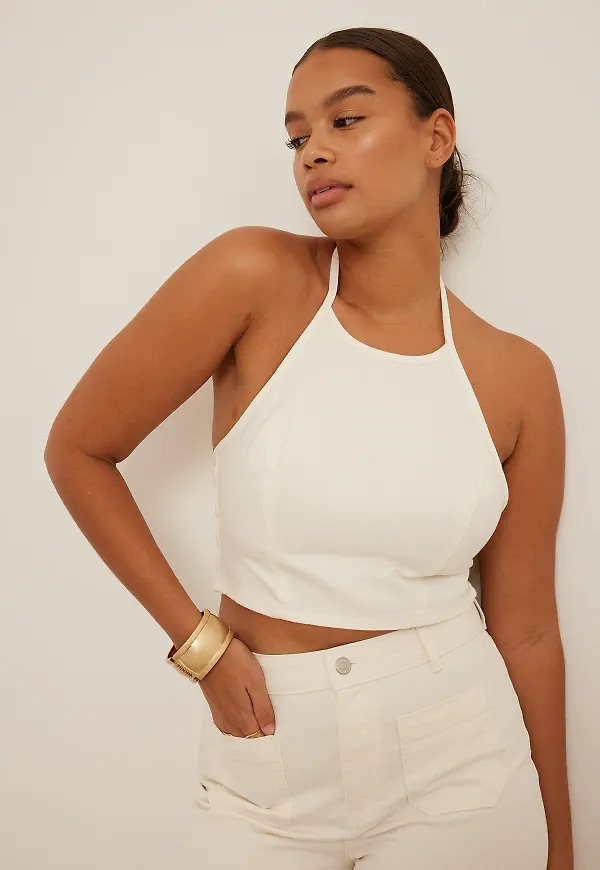 NA-KD Trend Denimtopp med halterneck - Offwhite