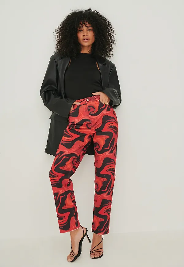 NA-KD Trend Ekologiska raka denim med hög midja - Red,Multicolor