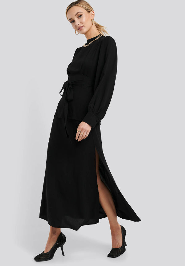 NA-KD Trend High Waist Side Split Midi Skirt - Black