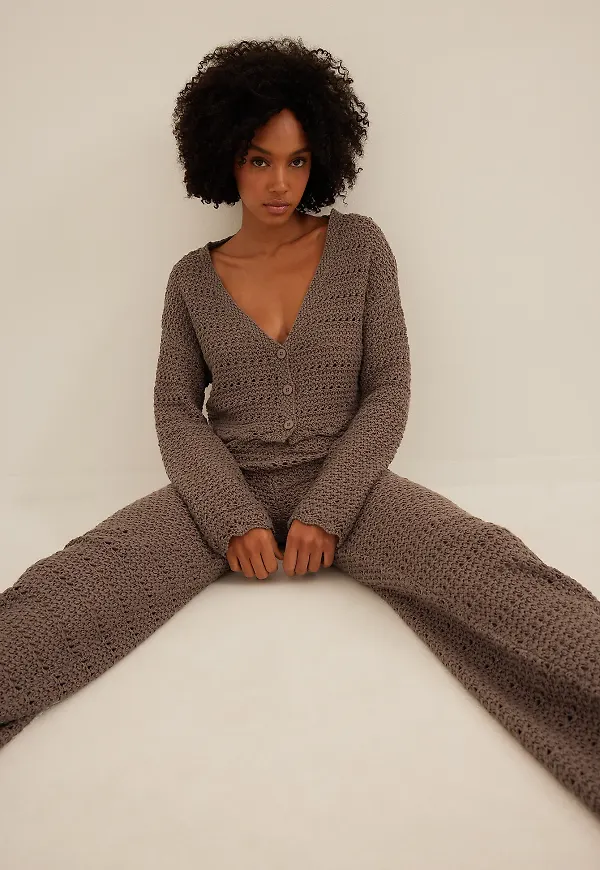 NA-KD Trend Knitted Wide Leg Trousers - Brown