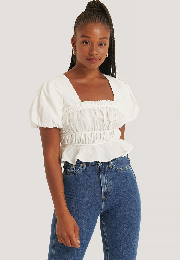 NA-KD Trend Kortärmad, Rynkad Blus - White