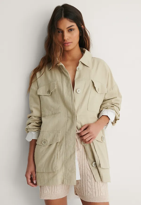 NA-KD Trend Linen Blend Overshirt - Green