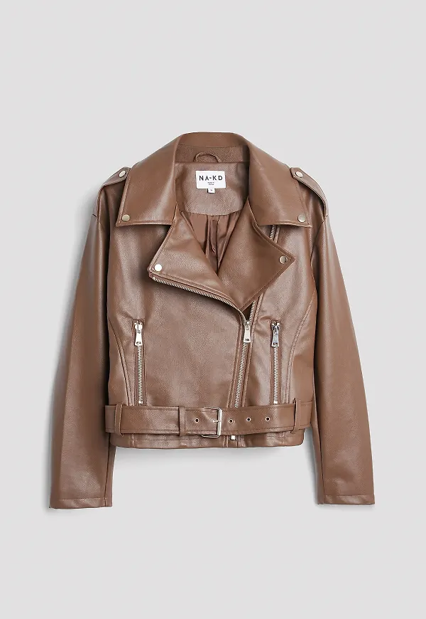 NA-KD Trend Oversized bikerjacka i PU - Brown