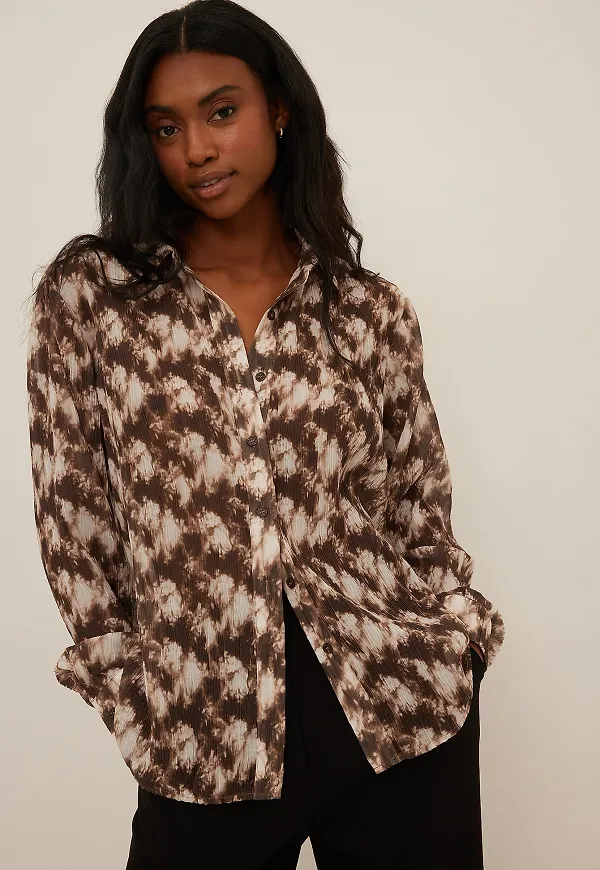 NA-KD Trend Pleated Print Shirt - Brown