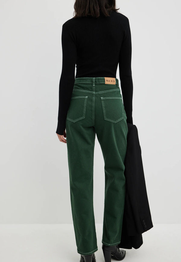 NA-KD Trend Raka jeans med kontrastsöm - Green