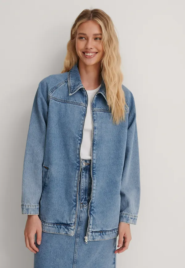 NA-KD Trend Recycled oversize denimjacka med dragkedja - Blue
