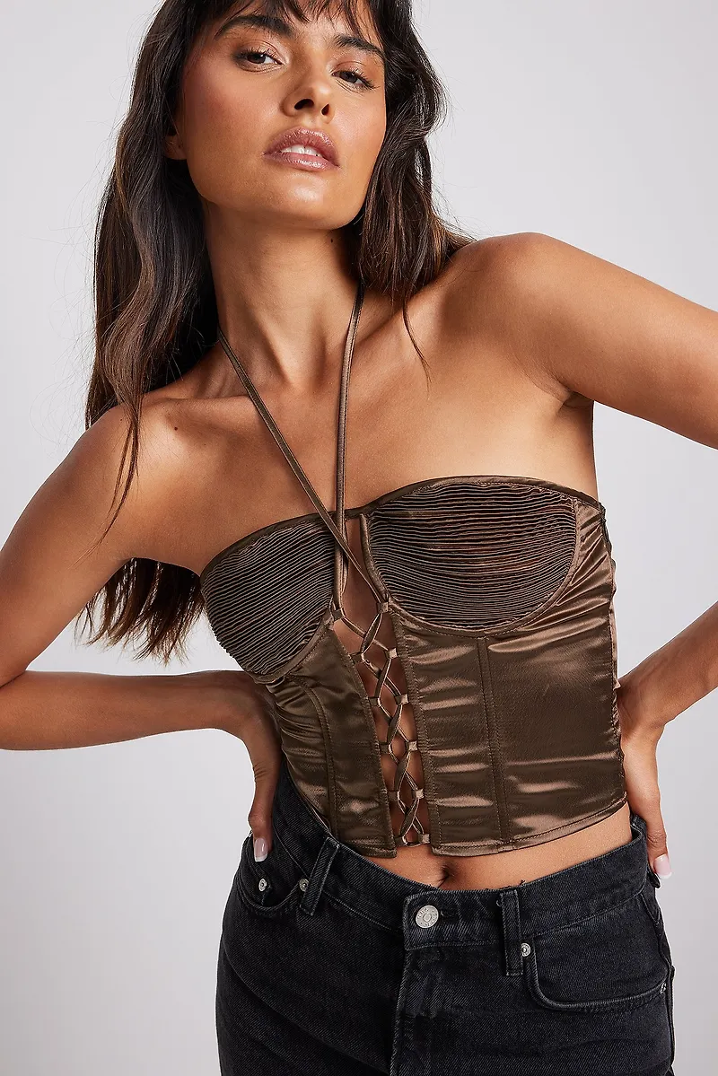 NA-KD Trend Satinkorsett med spetsdetalj - Brown