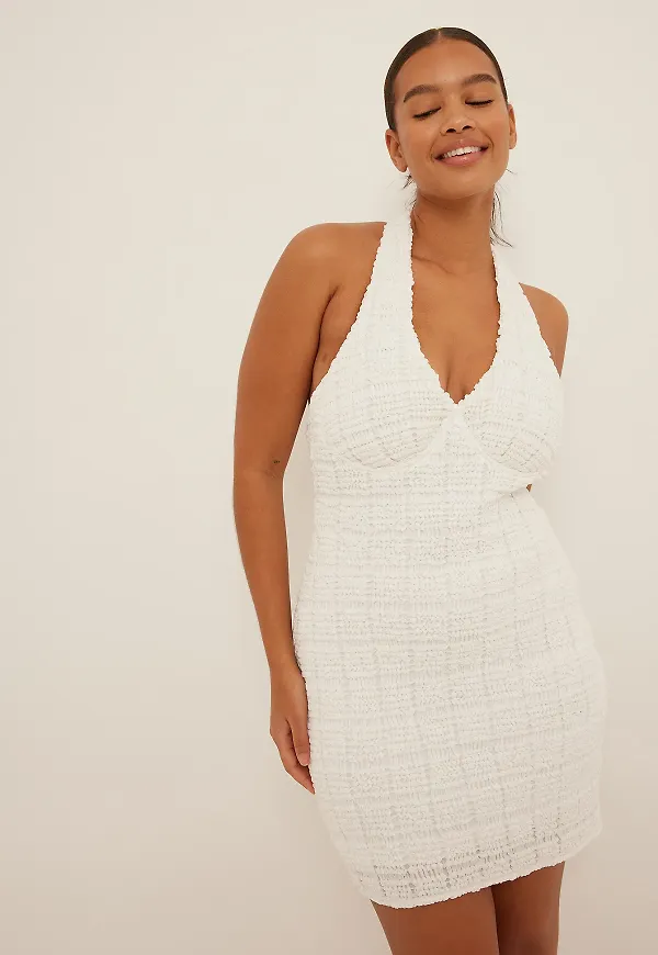 NA-KD Trend Textured Halterneck Mini Dress - White