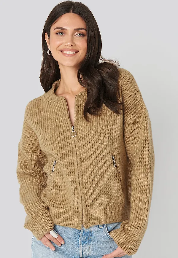 NA-KD Trend Zipper Cardigan - Beige