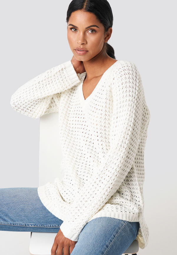 NA-KD V-neck Pineapple Knitted Sweater - White