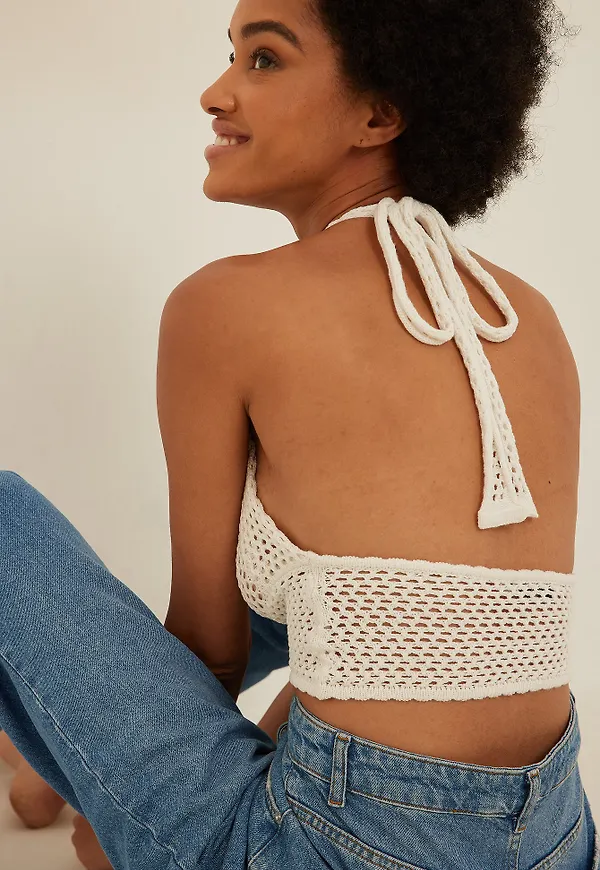 NA-KD Virkad stickad topp - Offwhite