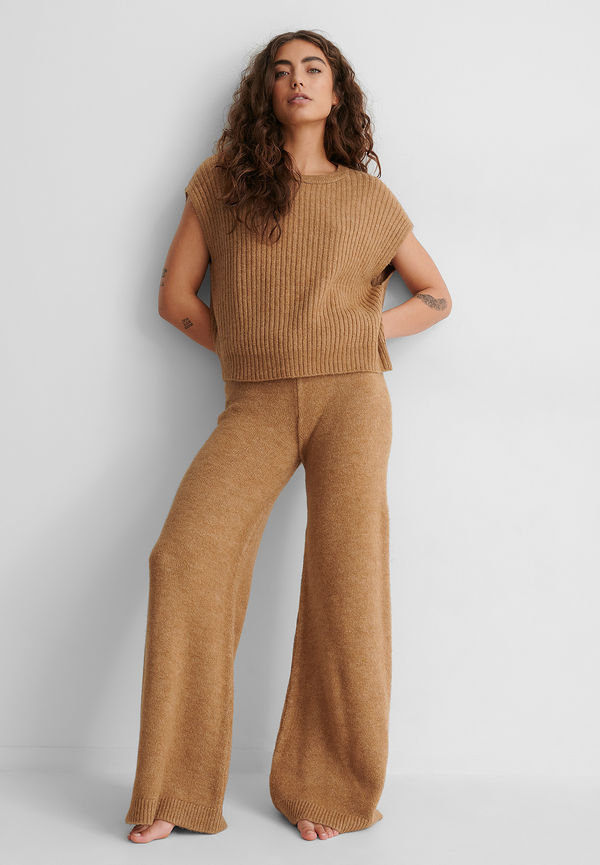 NA-KD Wide Knitted Trousers - Brown