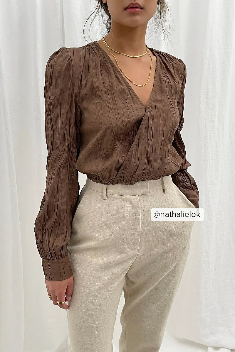 NA-KD Wrap Front Structured Blouse - Brown