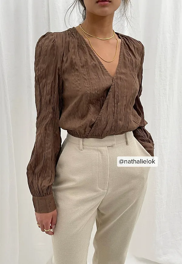 NA-KD Wrap Front Structured Blouse - Brown