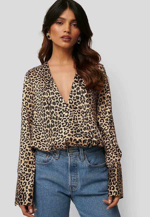 NA-KD Wrap Satin Top - Leopard