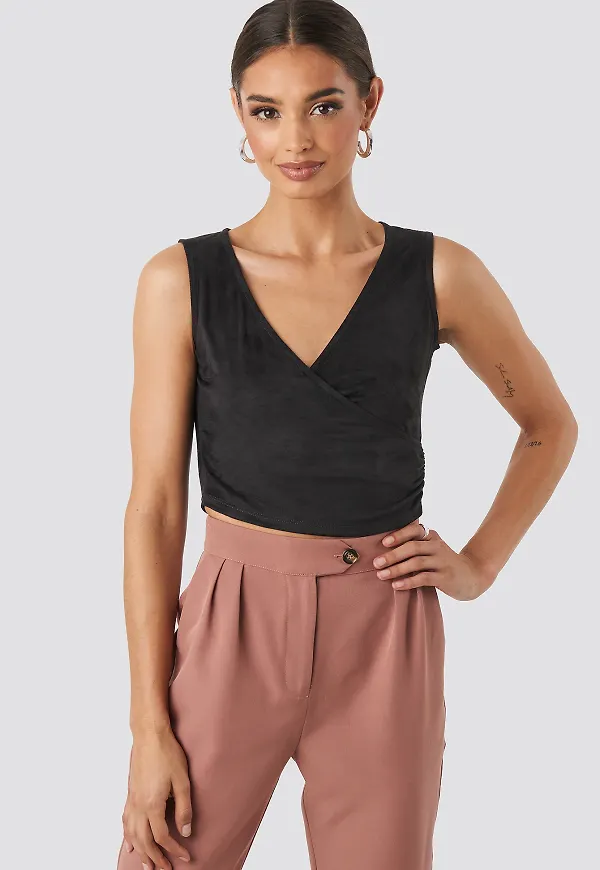 NA-KD Wrap Sleeveless Crop Top - Black
