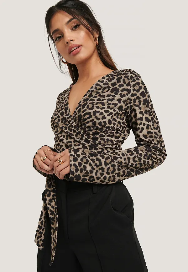NA-KD Wrap Tie Leo Print Top - Leopard