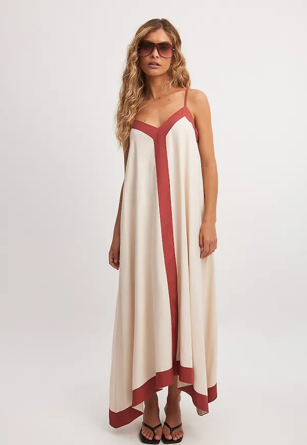 NA-KD Contrast Asymmetric Midi Dress - Beige