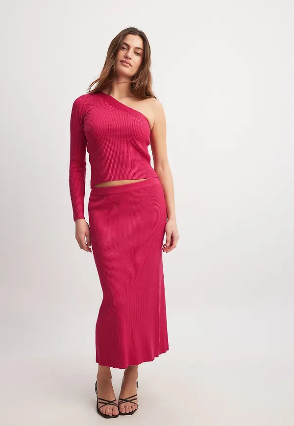 NA-KD Stickad midikjol - Pink