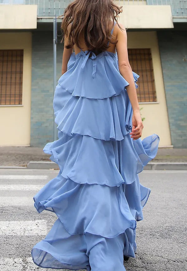 NA-KD Tiered Chiffon Maxi Dress - Blue