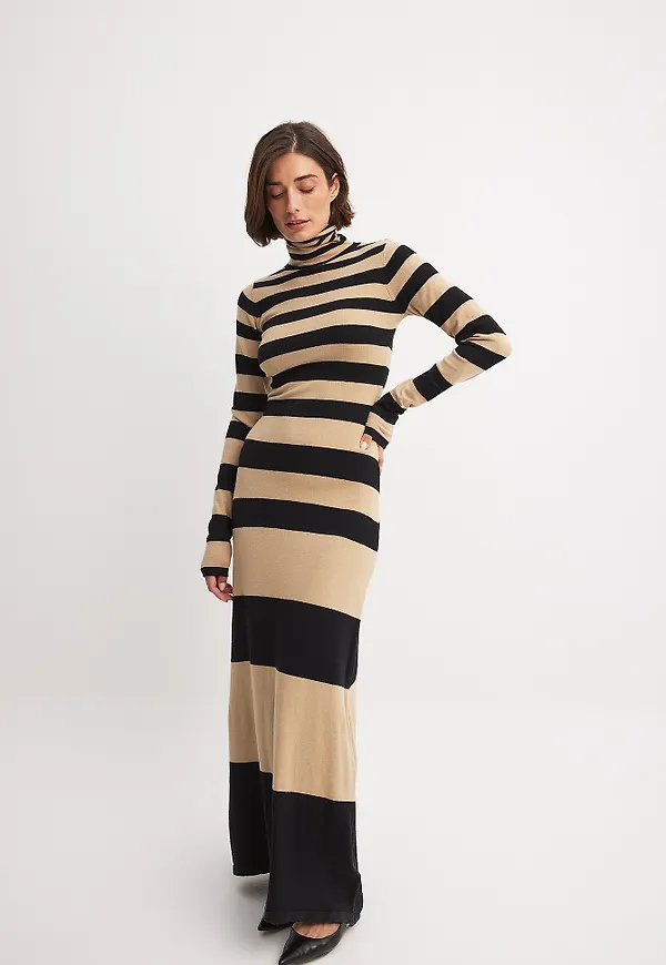 NA-KD Trend Finstickad randig maxiklänning - Beige,Stripe