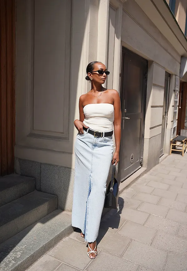 NA-KD Vid maxikjol i denim - Blue