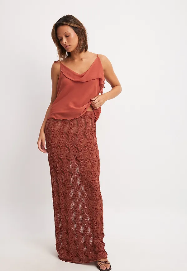 NA-KD Wavy Crochet Knitted Skirt - Brown