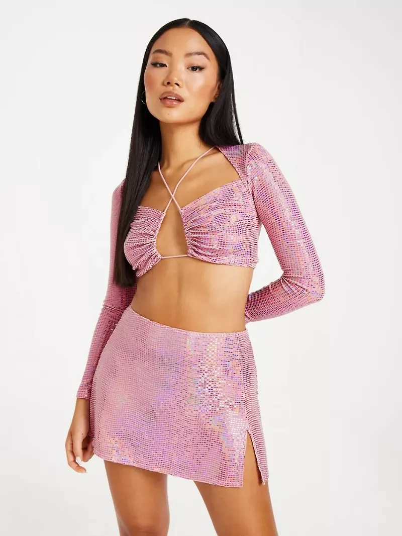 Nelly - Minikjolar - Rosa - Holographic Slit skirt - Kjolar - miniskirts