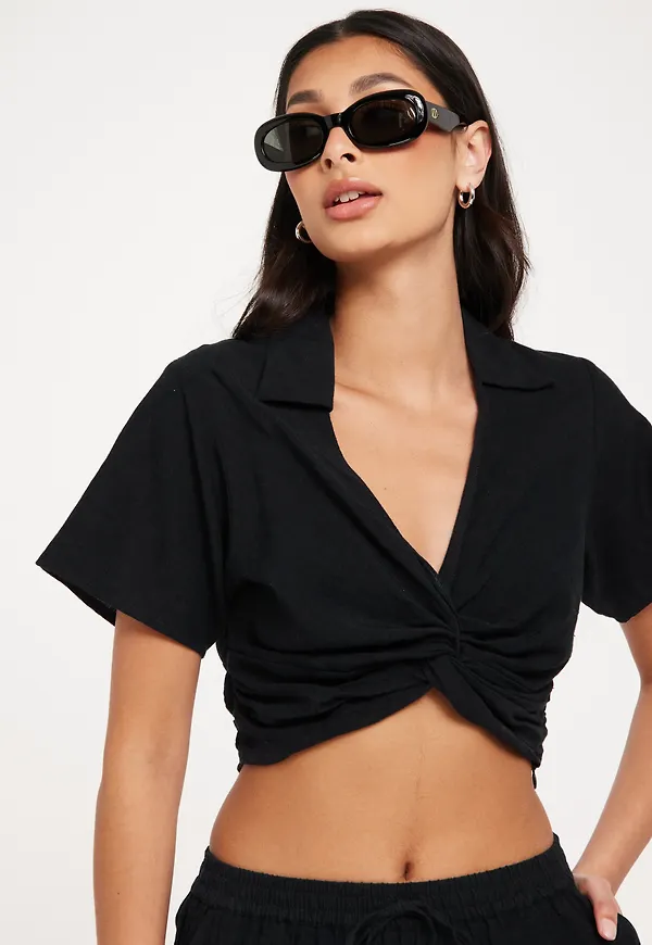 Nelly - Svart - Knot Linen Blouse
