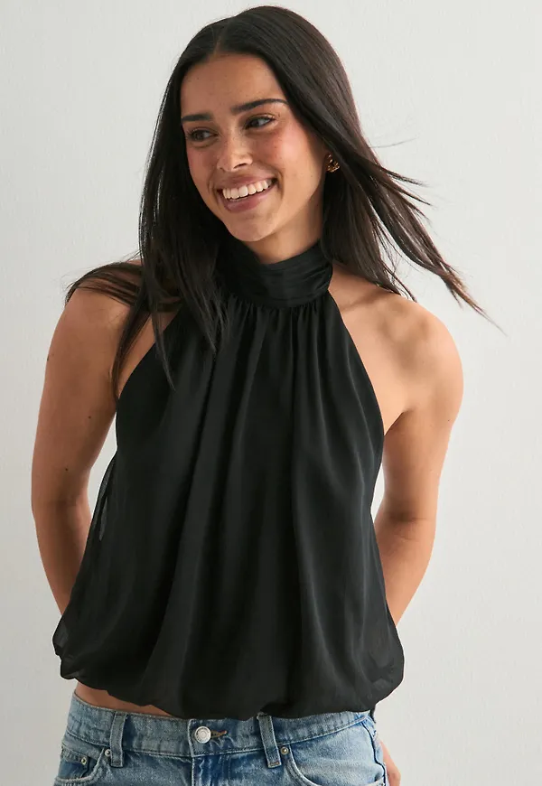 Nelly - Svart - Puffy Halterneck Top