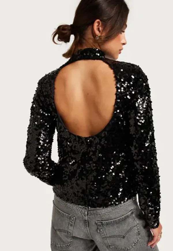 Nelly - Svart - Sequin Collar Top